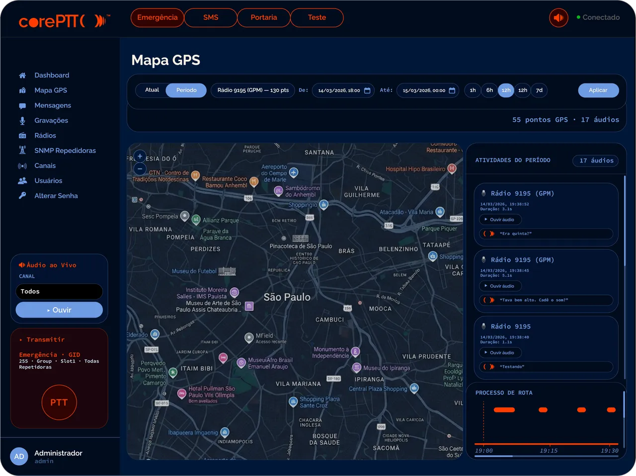 Painel de despacho do corePTT com mapa GPS, canais e gravações